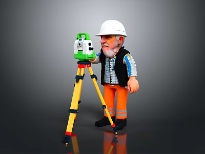Construction Worker Figurine Using Green Surveying Instrument On Yellow Tripod With White Hard Hat 3d model