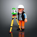 Construction Worker Figurine Using Green Surveying Instrument On Yellow Tripod With White Hard Hat