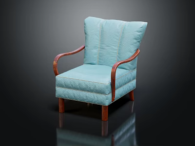 Classic Single Sofa With Light Blue Upholstery Wooden Arms And Stitched Details 3d model
