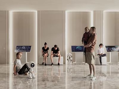 Adults Holding Child and People Seated in Modern Interior with Screens Robot 3d model