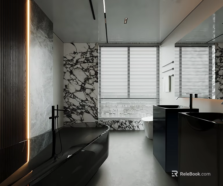 Modern Bathroom Interior With Black Bathtub Marble Walls Double Sinks Mirror And Window Blinds 3d model 