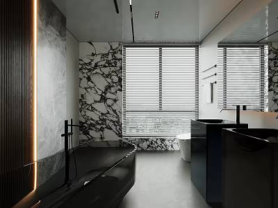 Modern Bathroom Interior With Black Bathtub Marble Walls Double Sinks Mirror And Window Blinds 3d model