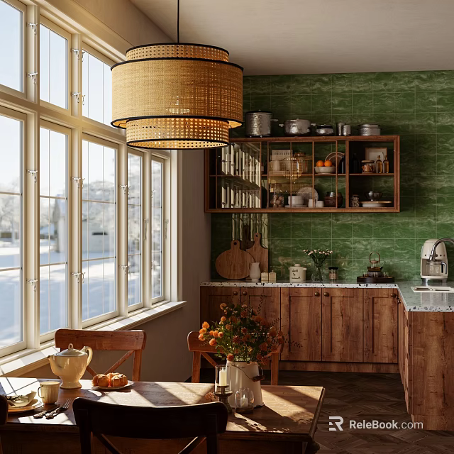 Bright Kitchen With Green Tile Wall Rattan Pendant Light Wooden Cabinets And Large Windows 3d model 
