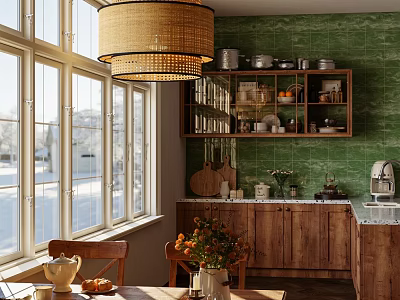 Bright Kitchen With Green Tile Wall Rattan Pendant Light Wooden Cabinets And Large Windows 3d model