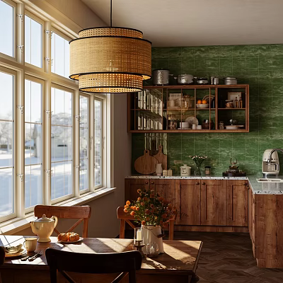 Bright Kitchen With Green Tile Wall Rattan Pendant Light Wooden Cabinets And Large Windows 3d model