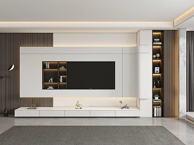 Modern TV Wall Design Featuring White Cabinets Wooden Strips And Illuminated Open Shelves 3d model