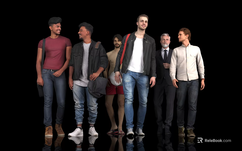 Group of Men with Different Styles Standing Together in Casual and Formal Outfits 3d model 