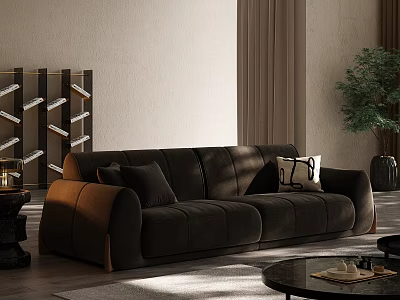 Modern Living Room Interior With Dark Colored Two Seater Sofa And Rounded Armrests 3d model