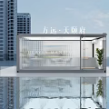 Modern Transparent Glass Curtain Wall Sales Office Building With High Rise Background And Water Reflection