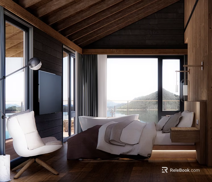 Modern Hotel Room With Wooden Ceiling Large Windows White Armchair And Mountain View 3d model 