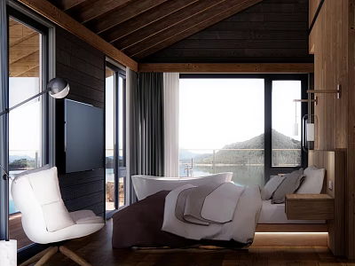 Modern Hotel Room With Wooden Ceiling Large Windows White Armchair And Mountain View 3d model
