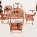 Traditional Chinese Solid Wood Tea Table and Chairs with Carved Backrest and Teaware Set 3d model
