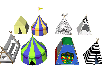 Assorted Colorful Tents With Different Designs And Patterns For Outdoor Use 3d model