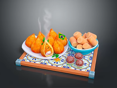 Hot Steamed Glutinous Rice Dumplings With Sliced Filling And Assorted Snacks On Decorative Tray 3d model