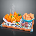 Hot Steamed Glutinous Rice Dumplings With Sliced Filling And Assorted Snacks On Decorative Tray