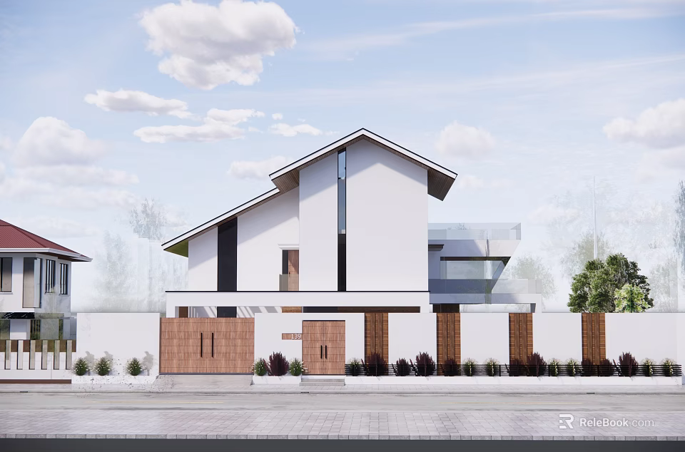 Modern Detached Villa Exterior With White Walls Sloped Roof Wooden Gate And Green Plants 3d model 
