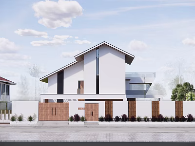 Modern Detached Villa Exterior With White Walls Sloped Roof Wooden Gate And Green Plants 3d model