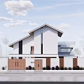 Modern Detached Villa Exterior With White Walls Sloped Roof Wooden Gate And Green Plants