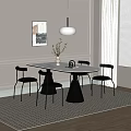 Modern Dining Table Set White Tabletop Black Base Four Chairs Hanging Lamp Checkered Rug 3d model