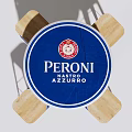 Blue Barrel Shaped Table With PERONI NASTRO AZZURRO Logo And Four Wooden Seat Bar Stools