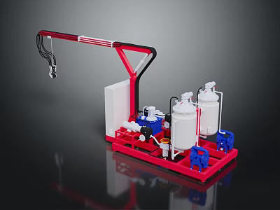 Industrial Integrated Equipment With Red Frame White Storage Tanks Blue Components And Mechanical Piping Arm 3d model