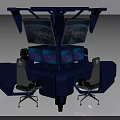 Modern Blue Gaming Desk With Multiple Monitors Ergonomic Chairs And LED Accent Lights