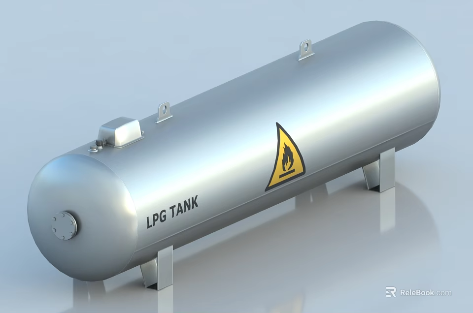 Industrial LPG Tank with Cylindrical Structure Yellow Warning Sign and Metal Supports 3d model 