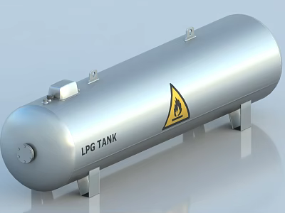 Industrial LPG Tank with Cylindrical Structure Yellow Warning Sign and Metal Supports 3d model