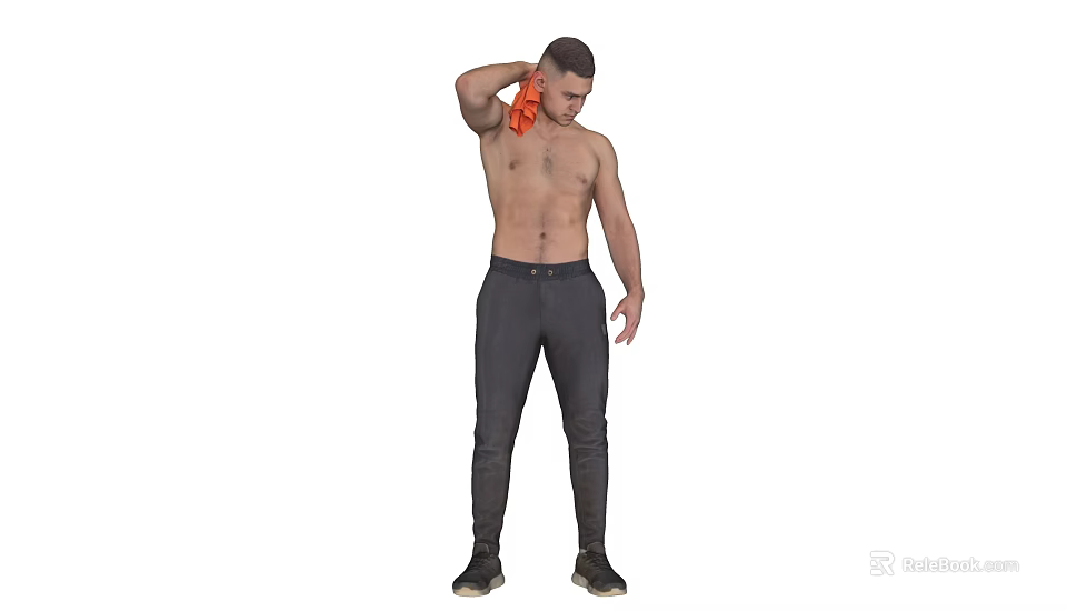 A Shirtless Man Wiping Neck With Orange Towel In Dark Pants And Black Shoes 3d model 