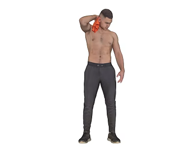 A Shirtless Man Wiping Neck With Orange Towel In Dark Pants And Black Shoes 3d model