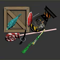 Colorful Weapon Collection With Sword Lollipop Stick Stop Sign And Bomb In Wooden Crate