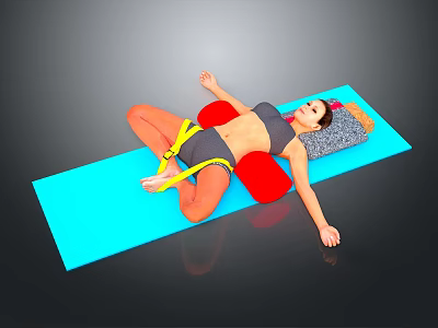 Yoga Exercise On Blue Mat With Yellow Resistance Band And Red Cushion 3d model