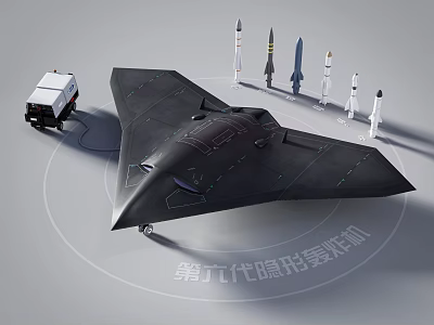 Advanced Sixth Generation Stealth Fighter Jet with Missiles and Support Vehicle 3d model
