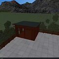 Garden Landscape Featuring Wooden Pavilion Black Roof White Tiled Platform Green Lawn And Distant Mountains