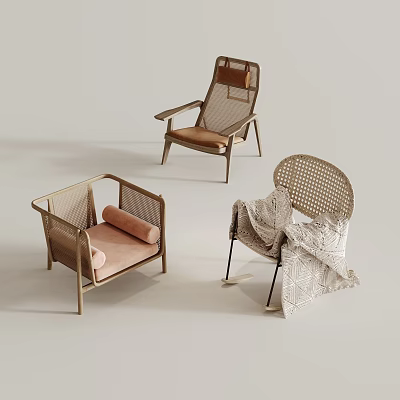 Stylish Modern Leisure Chairs With Wicker Details Metal Frame And Soft Cushions 3d model