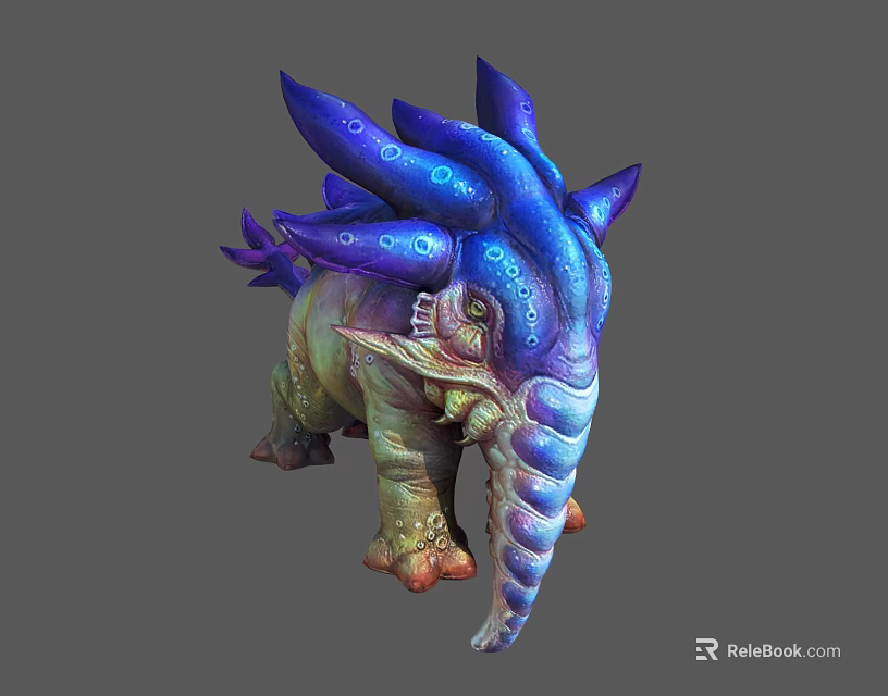 Mythical Fantasy Creature With Elephant Like Trunk Blue Purple Protrusions And Glowing Body Spots 3d model 