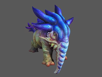 Mythical Fantasy Creature With Elephant Like Trunk Blue Purple Protrusions And Glowing Body Spots 3d model