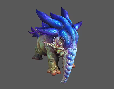Mythical Fantasy Creature With Elephant Like Trunk Blue Purple Protrusions And Glowing Body Spots 3d model