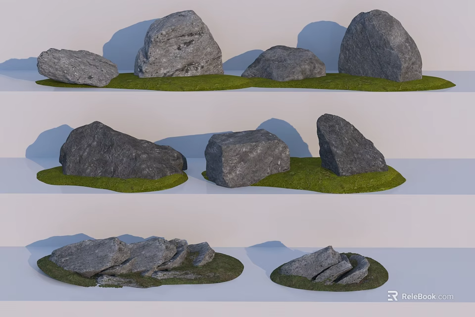 Natural Rockery Stones With Various Shapes And Grass Base For Garden Decoration 3d model 