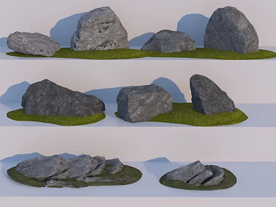 Natural Rockery Stones With Various Shapes And Grass Base For Garden Decoration 3d model