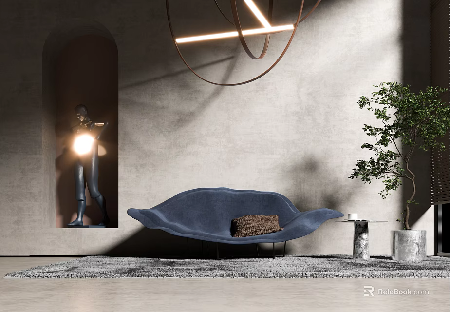 Blue Single Sofa in Modern Living Room with Gray Wall Hanging Lamp Plant and Rug 3d model 