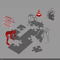 Silhouette Figures Assembling Jigsaw Puzzle Pieces With Traffic Cone And Barricade