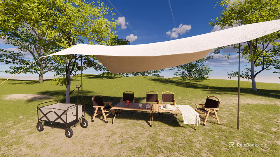 Garden Landscape With Outdoor Canopy Tables Chairs Trees And Green Grass 3d model 