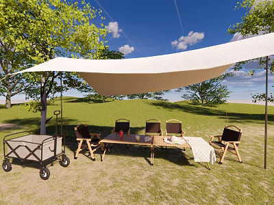 Garden Landscape With Outdoor Canopy Tables Chairs Trees And Green Grass 3d model
