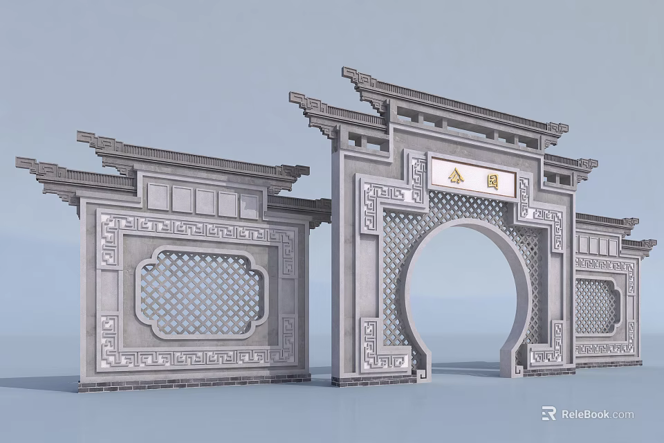 Traditional Chinese Gate With Overhanging Eaves Intricate Carvings And Archway Structure 3d model 