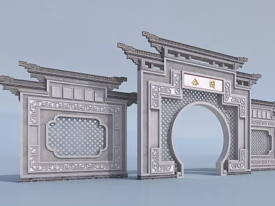 Traditional Chinese Gate With Overhanging Eaves Intricate Carvings And Archway Structure 3d model