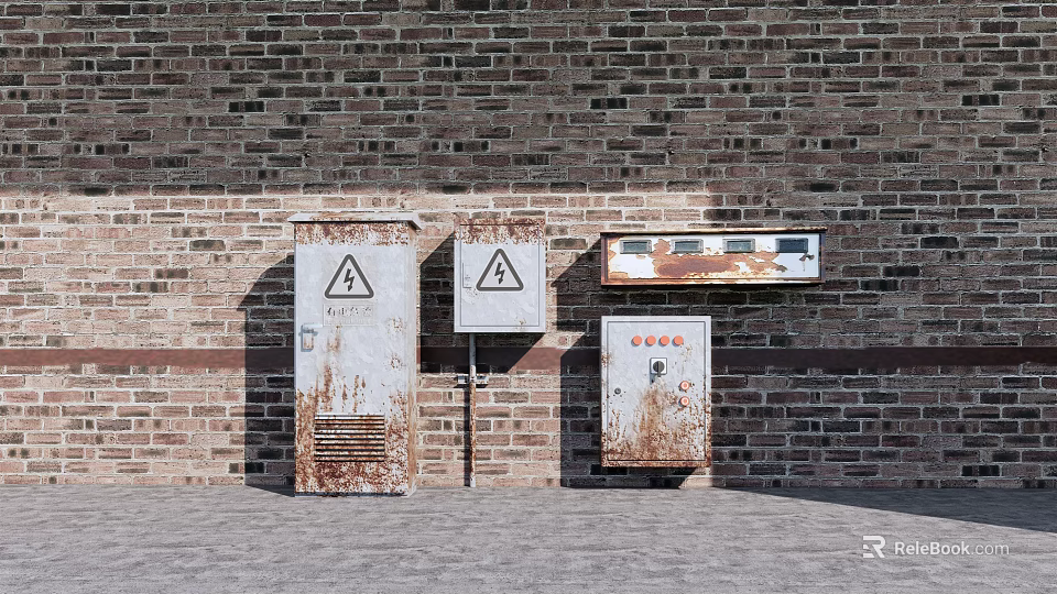 Rusted Industrial Equipment With Warning Signs And Control Panel On Brick Wall Background 3d model 