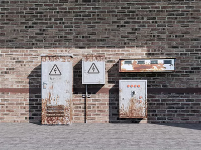 Rusted Industrial Equipment With Warning Signs And Control Panel On Brick Wall Background 3d model