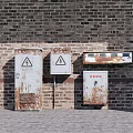 Rusted Industrial Equipment With Warning Signs And Control Panel On Brick Wall Background