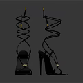 Elegant High Heel Shoes With Spiral Ankle Straps Thin Heels Gray Gold Accents Pointed Toes